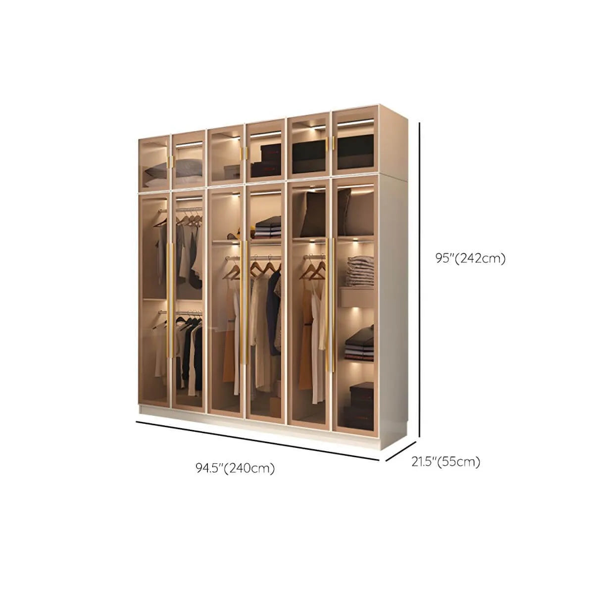 Beige Glass Front Wardrobe System With Display Shelves and Top Cabinets Dimensions