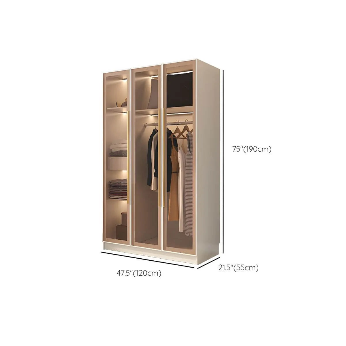 Beige Glass Front Wardrobe System With Display Shelves and Top Cabinets Dimensions