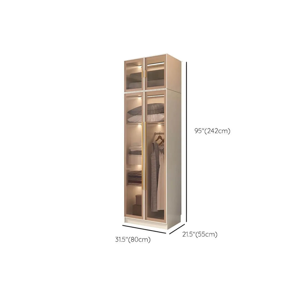 Beige Glass Front Wardrobe System With Display Shelves and Top Cabinets Dimensions