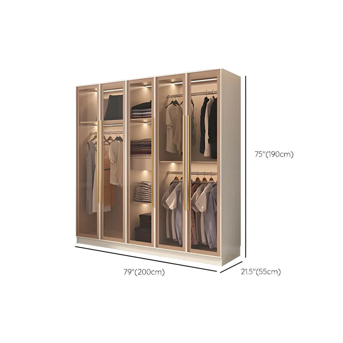 Beige Glass Front Wardrobe System With Display Shelves and Top Cabinets Dimensions