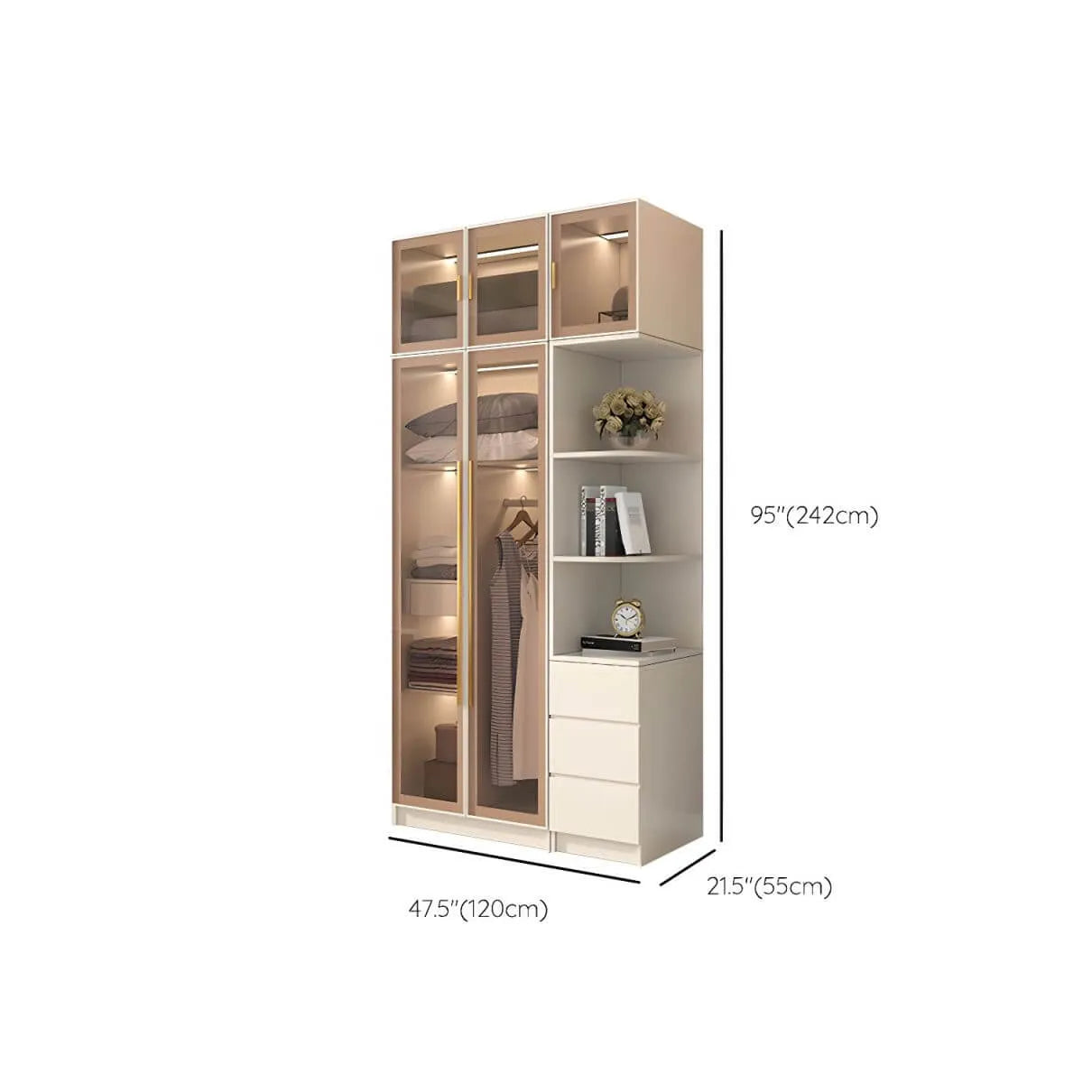 Beige Glass Front Wardrobe System With Display Shelves and Top Cabinets Dimensions