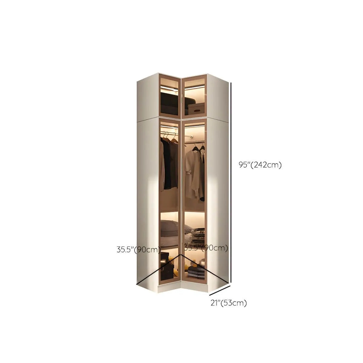 Beige Glass Front Wardrobe System With Display Shelves and Top Cabinets Dimensions