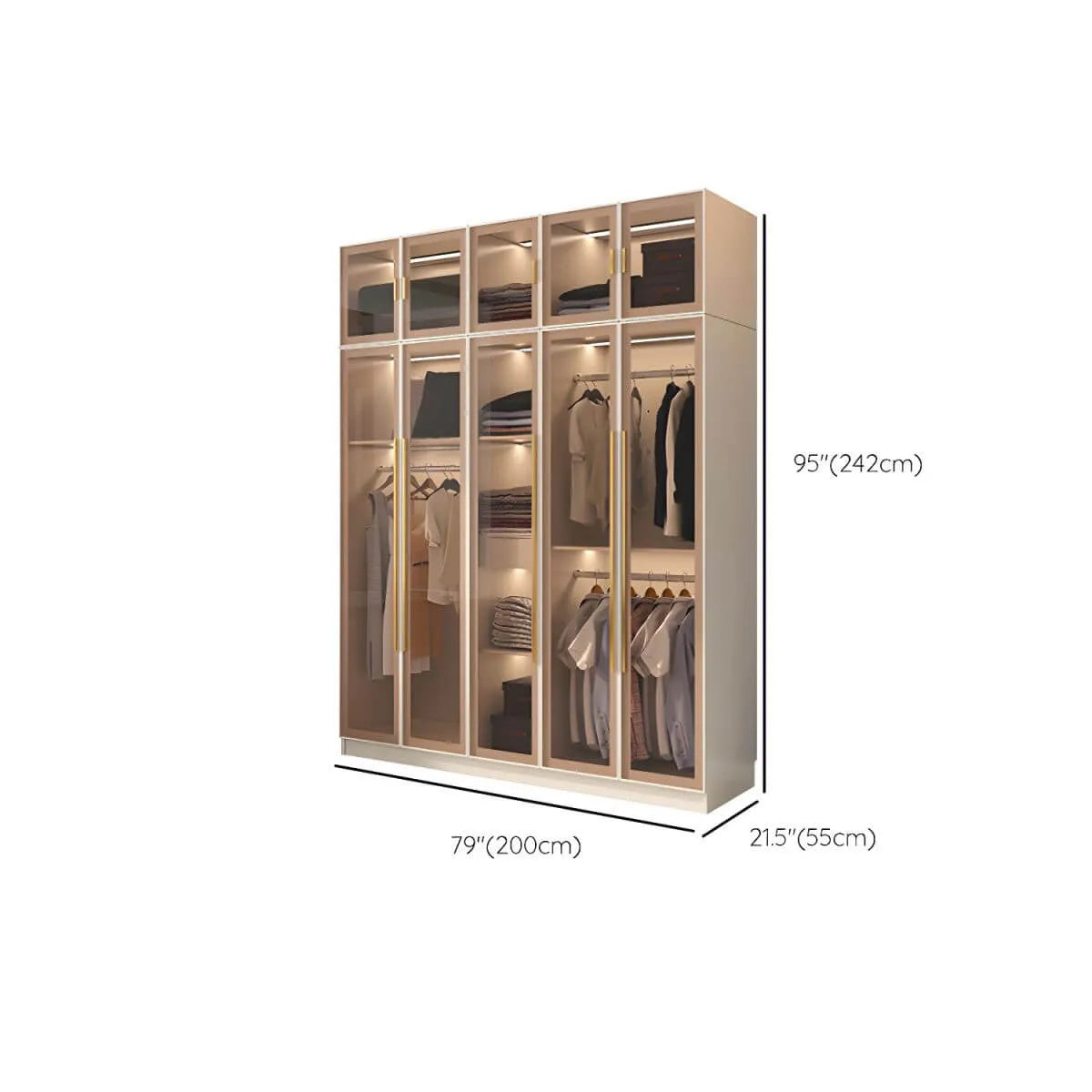 Beige Glass Front Wardrobe System With Display Shelves and Top Cabinets Dimensions