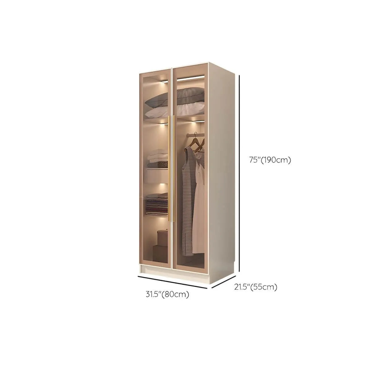 Beige Glass Front Wardrobe System With Display Shelves and Top Cabinets Dimensions