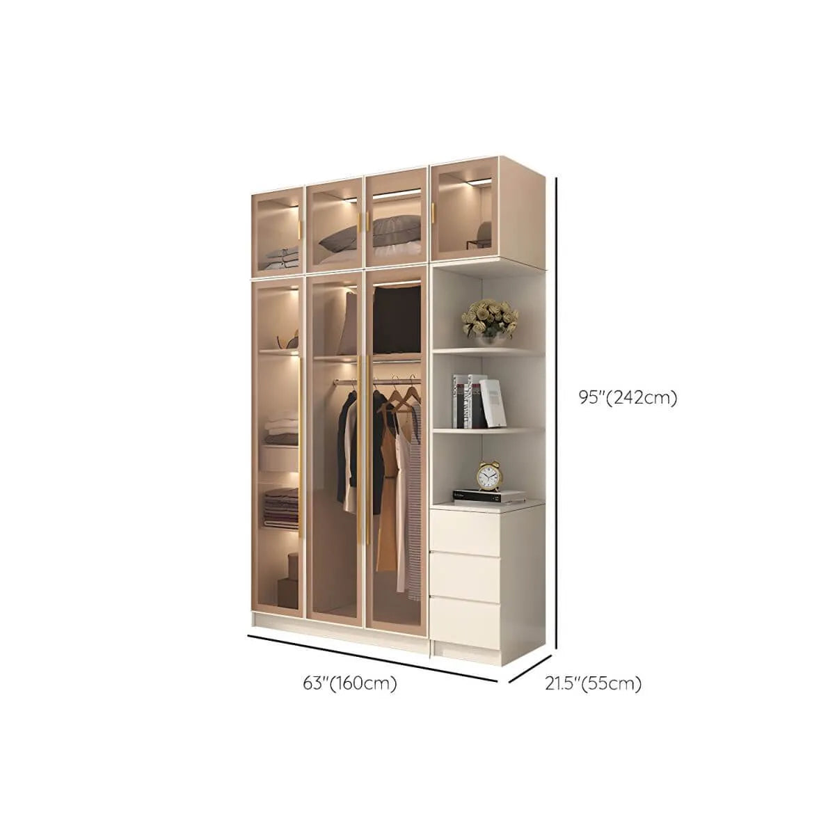 Beige Glass Front Wardrobe System With Display Shelves and Top Cabinets Dimensions