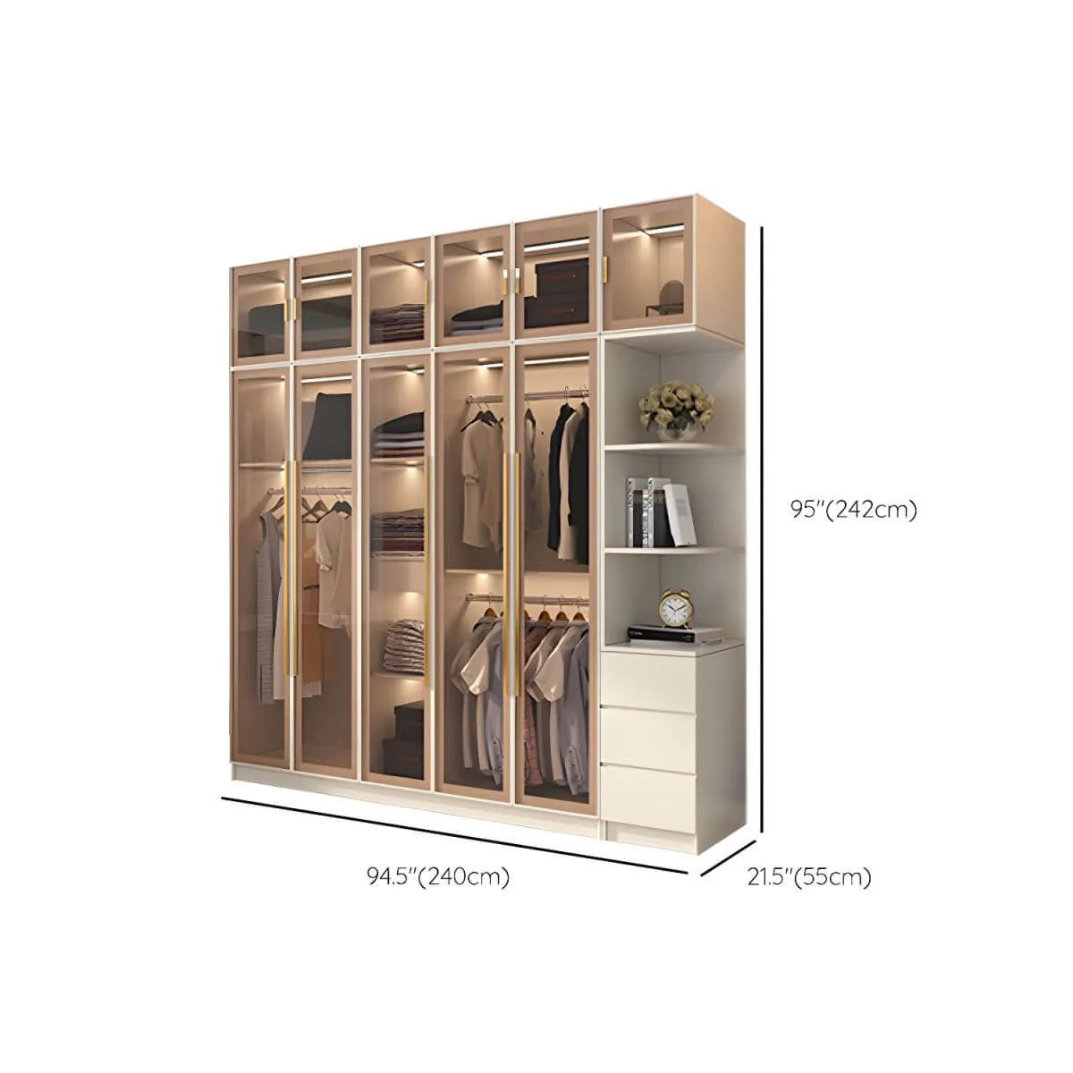 Beige Glass Front Wardrobe System With Display Shelves and Top Cabinets Dimensions