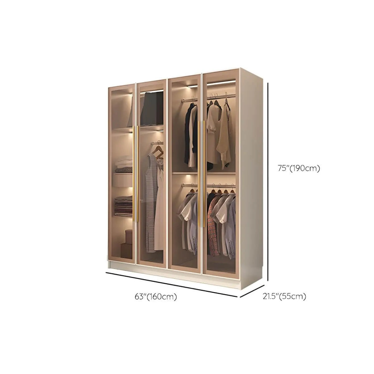 Beige Glass Front Wardrobe System With Display Shelves and Top Cabinets Dimensions