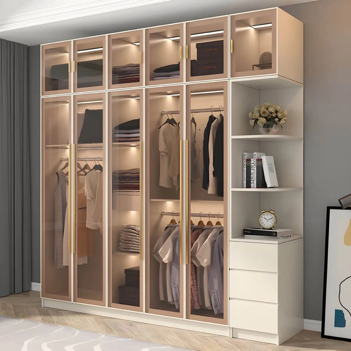 Beige Glass Front Wardrobe System With Display Shelves and Top Cabinets Main Product Image