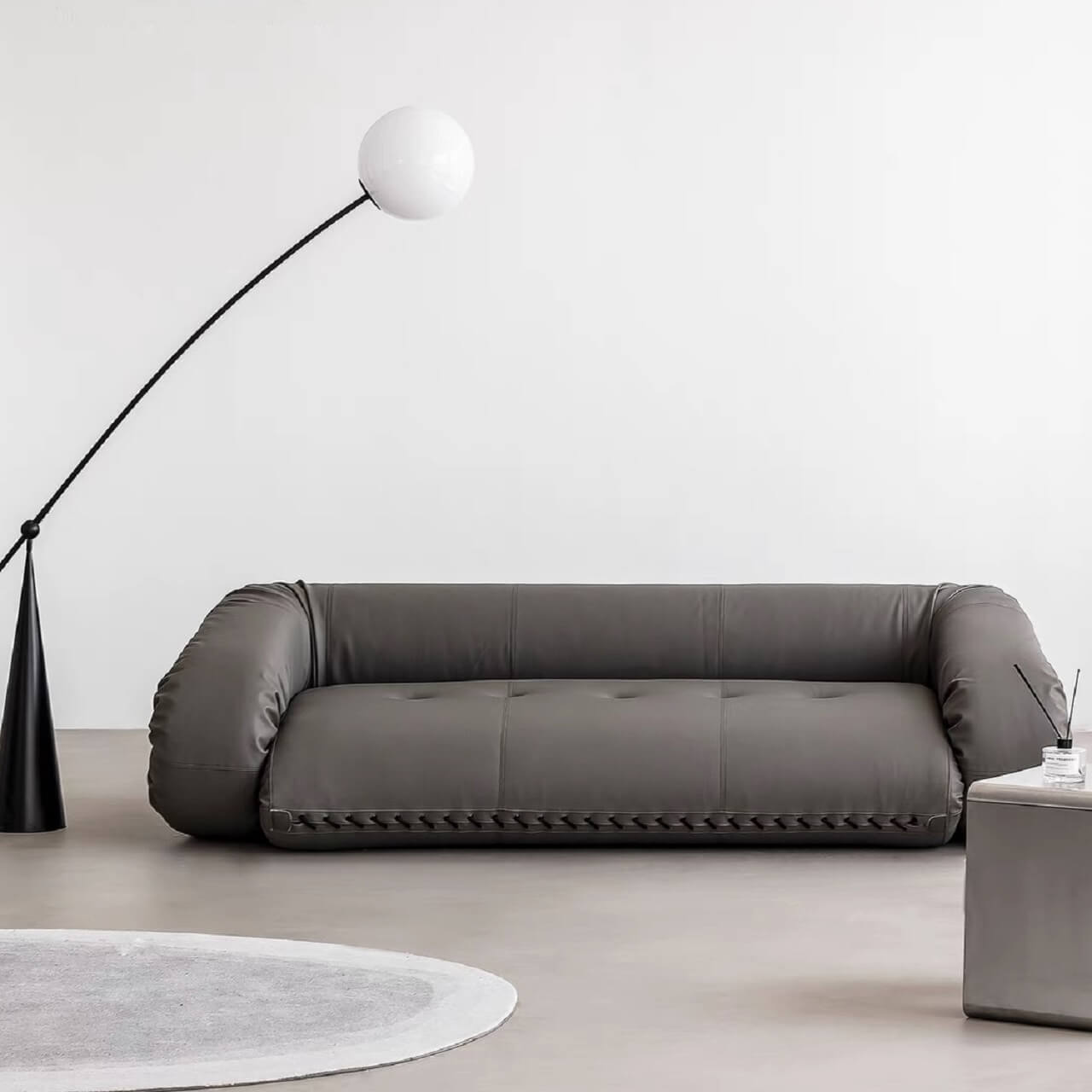 Beige 3-seater microfiber leather sofa bed in Nordic style with versatile design