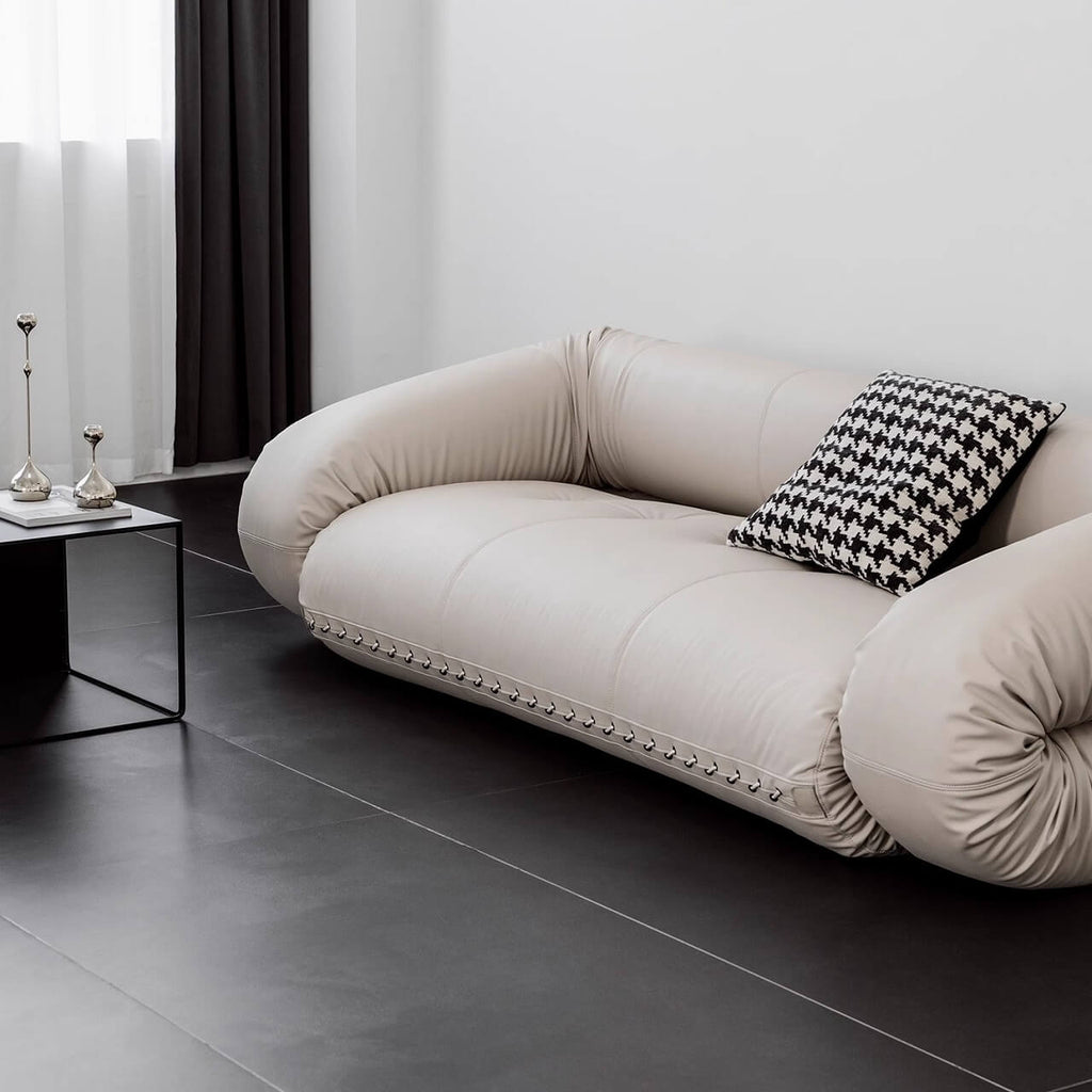 Beige 3-seater microfiber leather sofa bed in Nordic style with versatile design