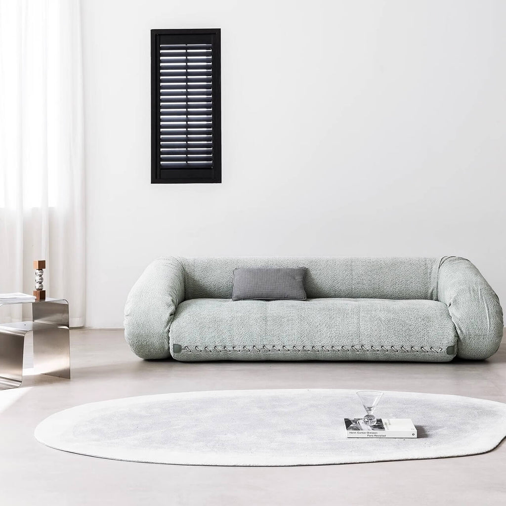 Beige 3-seater microfiber leather sofa bed in Nordic style with versatile design