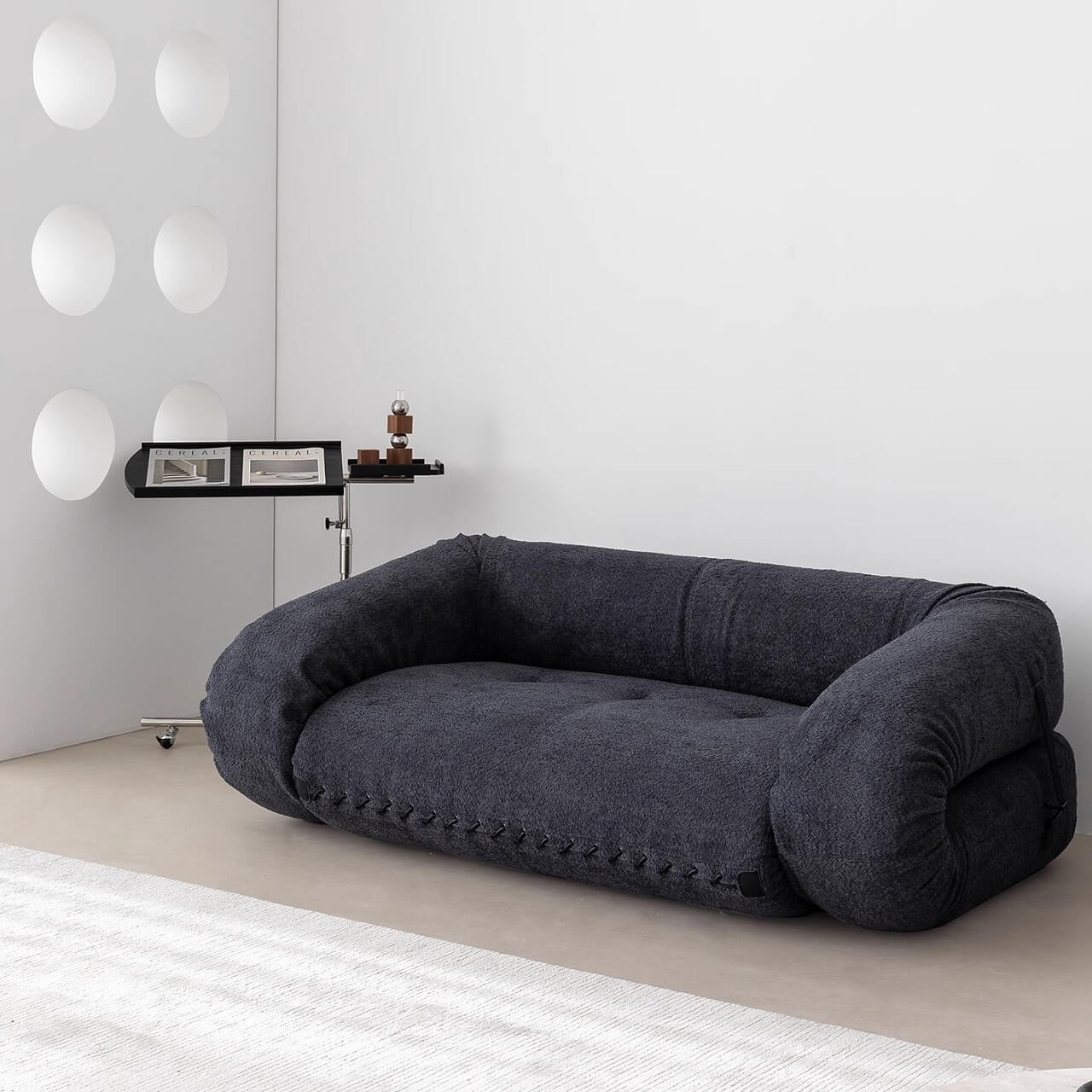 Beige 3-seater microfiber leather sofa bed in Nordic style with versatile design