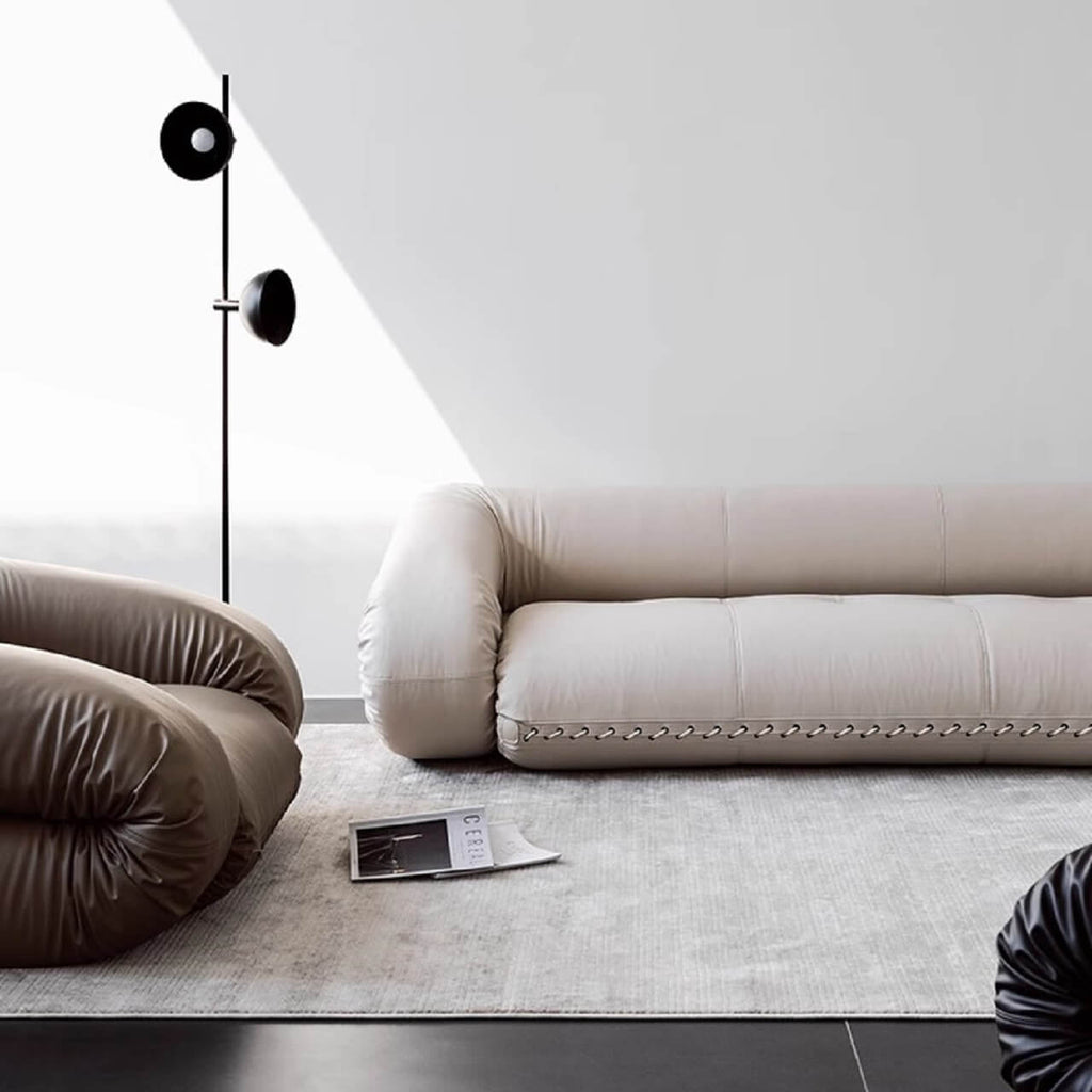 Beige 3-seater microfiber leather sofa bed in Nordic style with versatile design