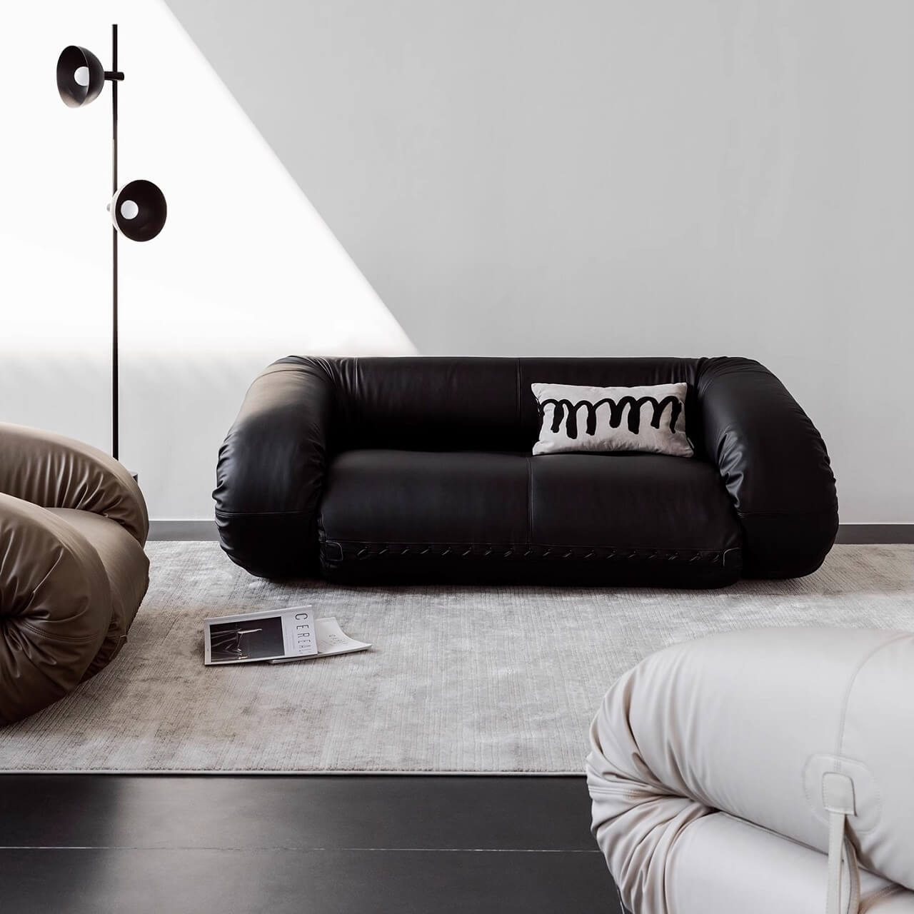 Beige 3-seater microfiber leather sofa bed in Nordic style with versatile design