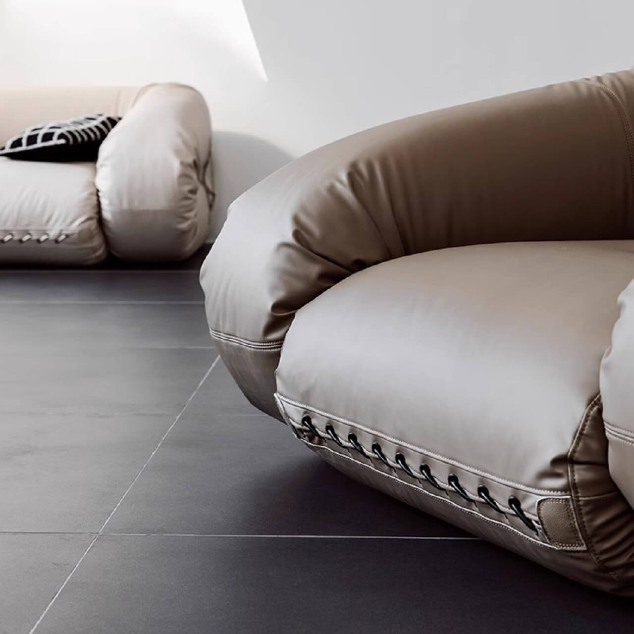 Beige 3-seater microfiber leather sofa bed in Nordic style with versatile design