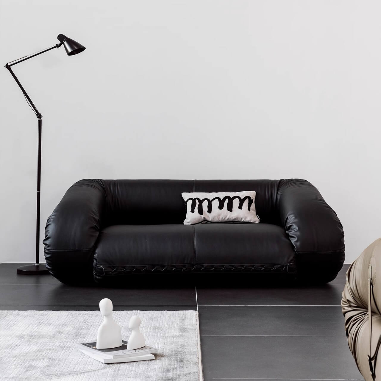 Beige 3-seater microfiber leather sofa bed in Nordic style with versatile design