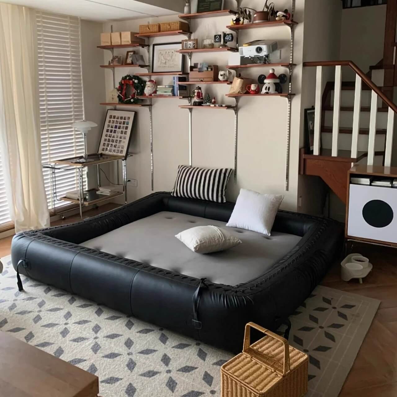 Beige 3-seater microfiber leather sofa bed in Nordic style with versatile design