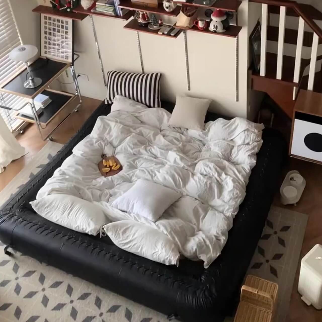 Beige 3-seater microfiber leather sofa bed in Nordic style with versatile design