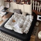 Beige 3-seater microfiber leather sofa bed in Nordic style with versatile design