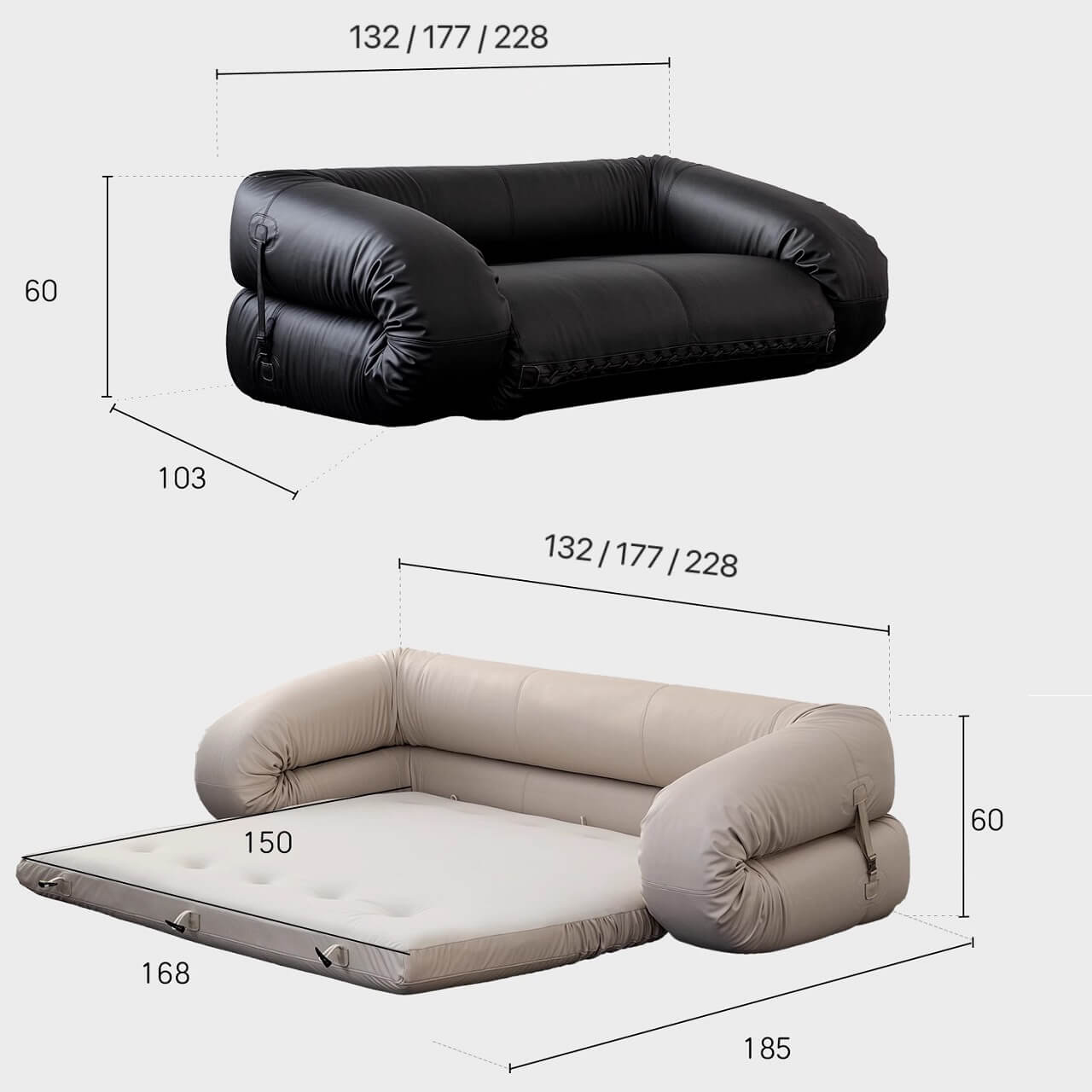 Space-saving beige sofa bed in microfiber leather