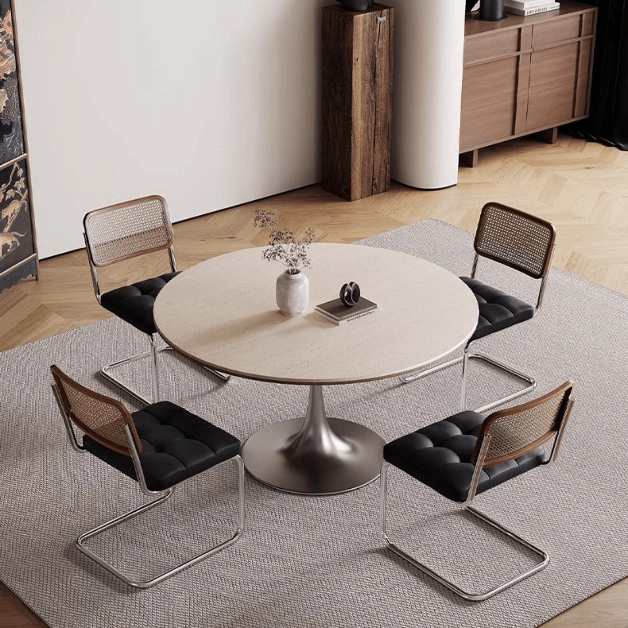 Round dining table with beige rock tabletop and stainless steel legs main product image Main image
