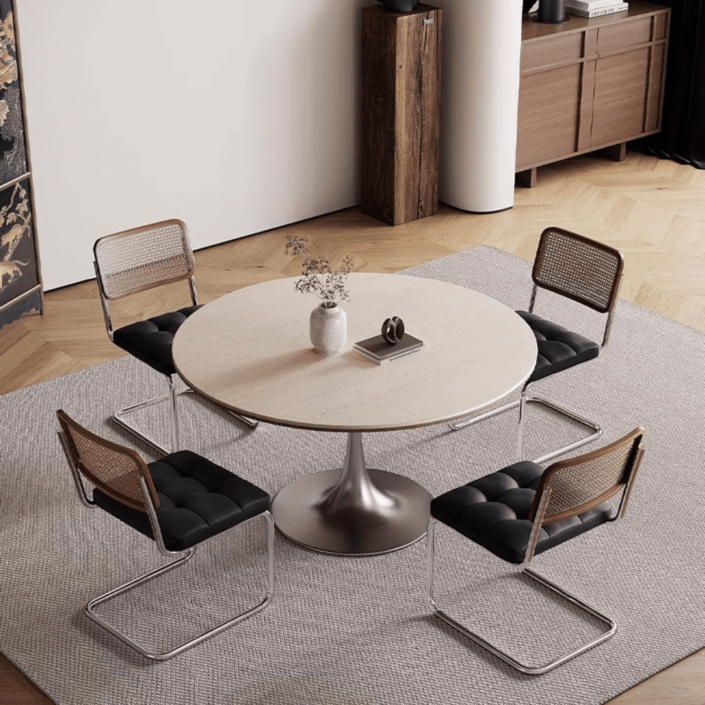 Round dining table with beige rock tabletop and stainless steel legs main product image