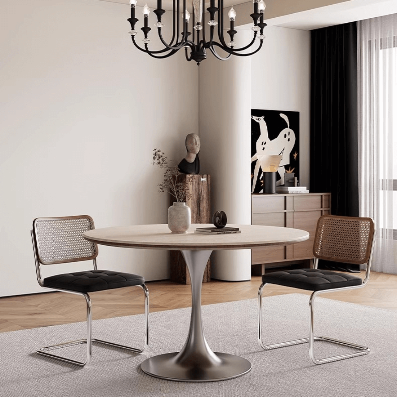 Beige rock tabletop round dining table with stainless steel pedestal legs and a bell-shaped base