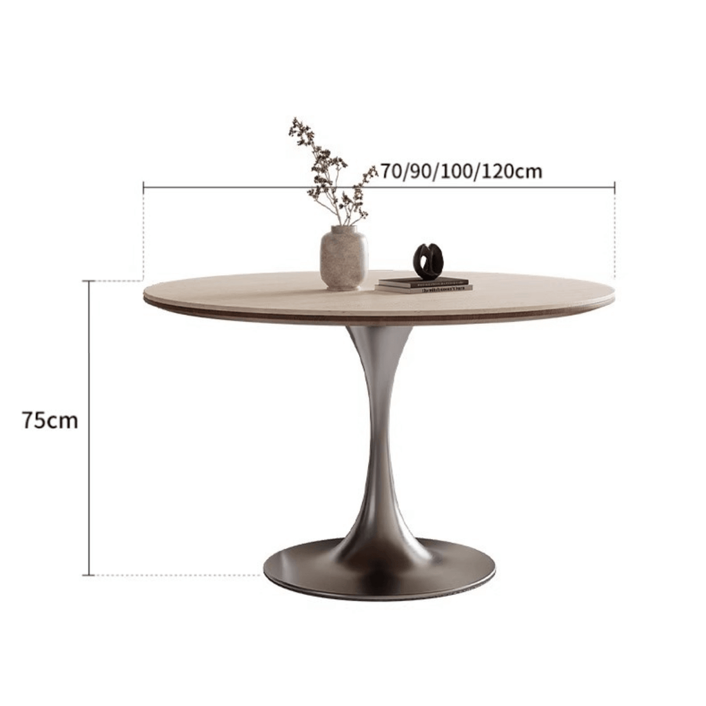 Round dining table with beige rock tabletop and stainless steel legs dimensions