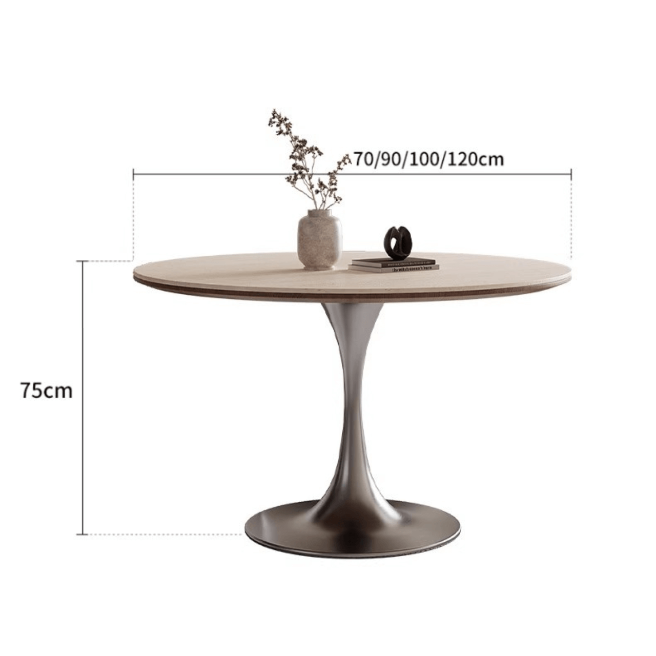 Round dining table with beige rock tabletop and stainless steel legs dimensions
