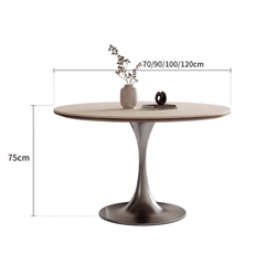 Mesa de comedor redonda con patas de acero inoxidable, tablero de roca beige