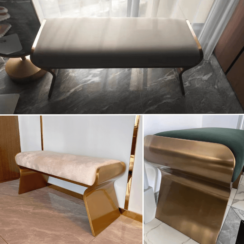 Beige Velvet Stainless Steel Bench with Gold Legs