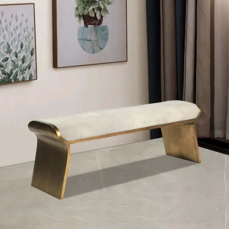 Beige Velvet Stainless Steel Bench with Gold Legs Main Product Image Main image