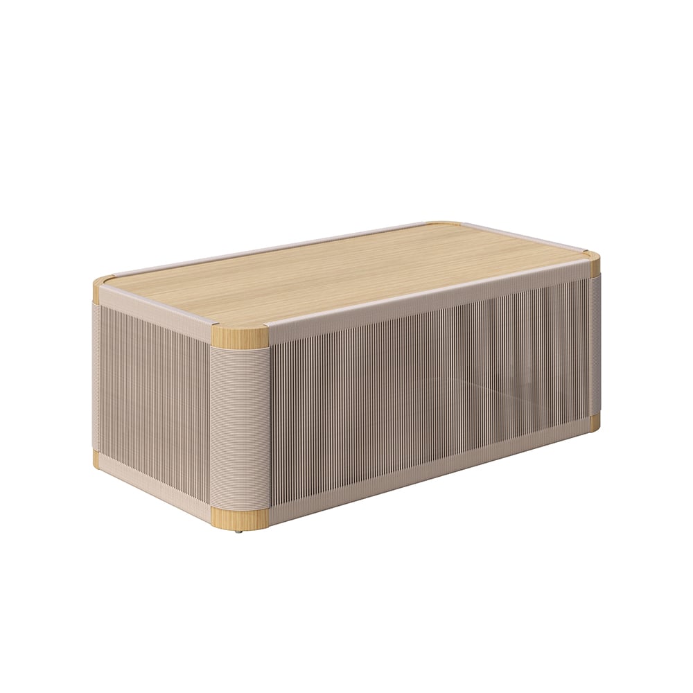 Modern outdoor swivel sofa set with aluminum frame and rope accents, includes coffee table in khaki