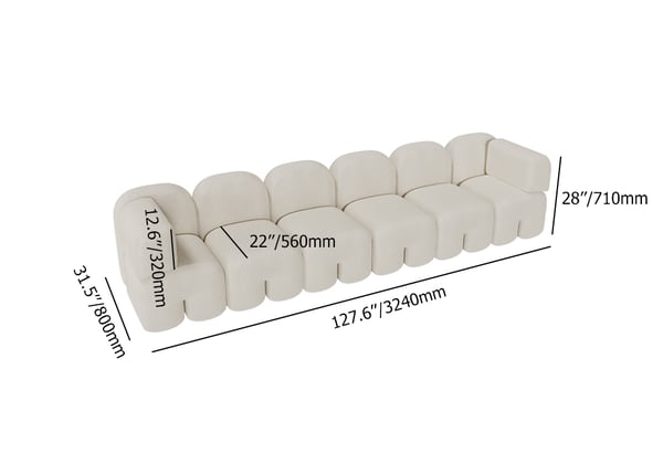 Modern white upholstered velvet floor couch, 4-seater sofa for living room seating