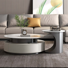 Luxury Slate Top Modern High-Low Round Coffee Table Set with Storage Drawers