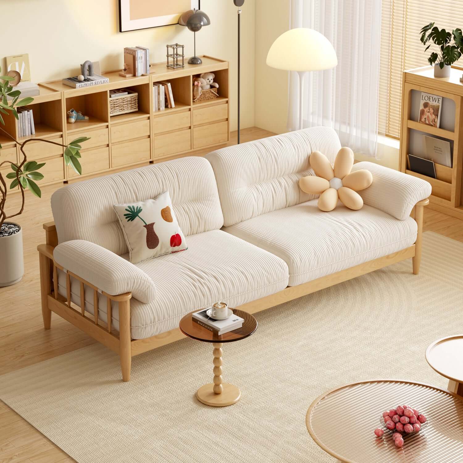 Japandi style solid ash wood sofa upholstered in cotton linen, corduroy, and cat-scratch fabric