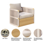 Modern outdoor swivel sofa set with aluminum frame and rope accents, includes coffee table in khaki