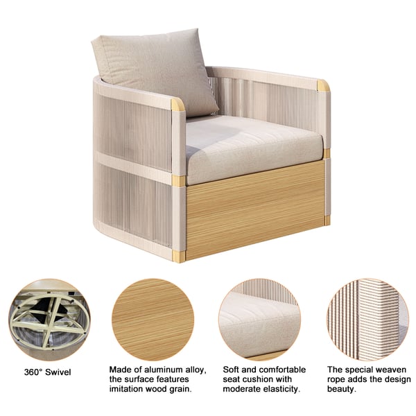 Modern outdoor swivel sofa set with aluminum frame and rope accents, includes coffee table in khaki