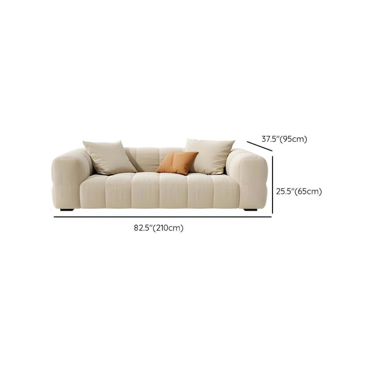 Beige upholstered wood sofa with square arms and sewn pillow back for modern living rooms