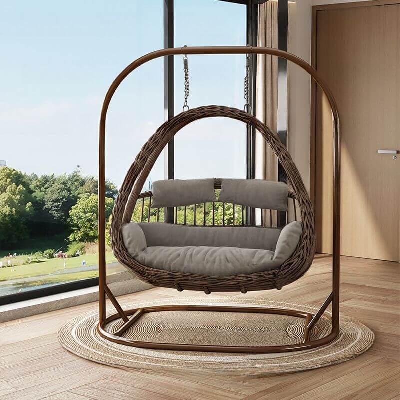 Cocoa metal 2-seater porch swing egg chair with stand, cushions, and wear-resistant design