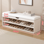 Modern white and orange shoe bench with upholstered seat and space-saving storage