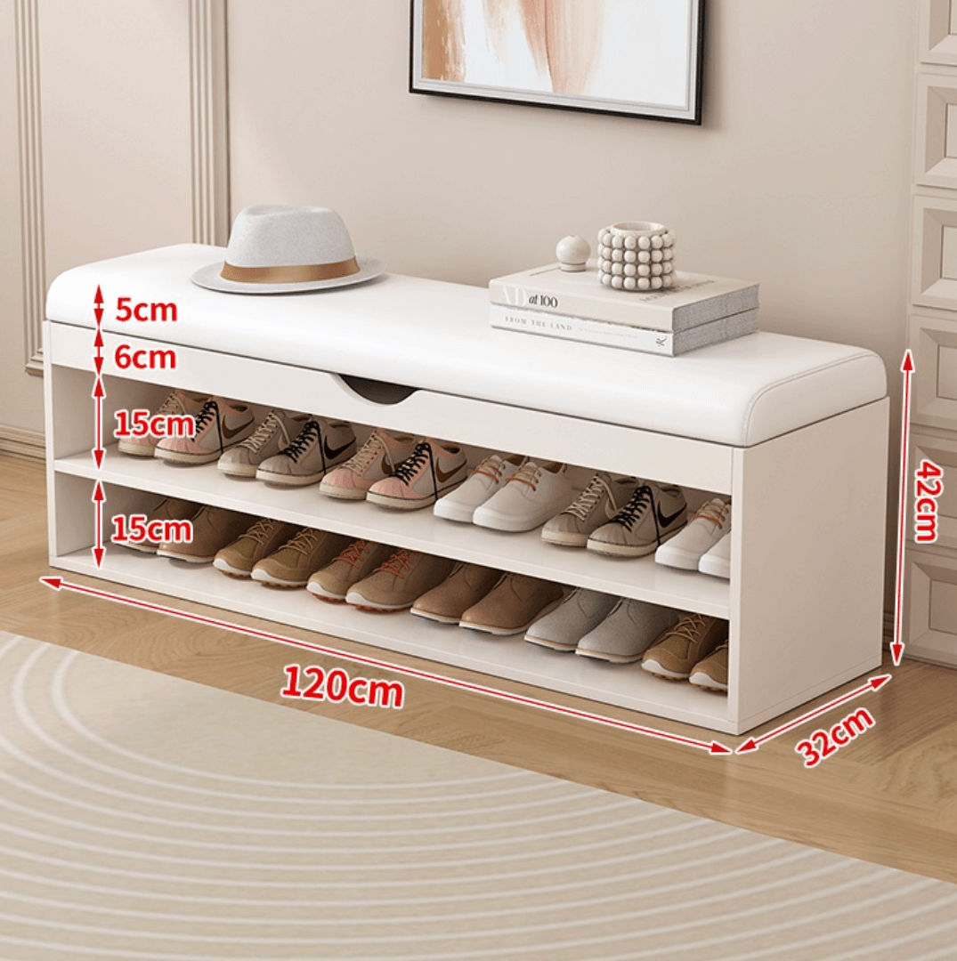 Modern white and orange shoe bench with upholstered seat and space-saving storage