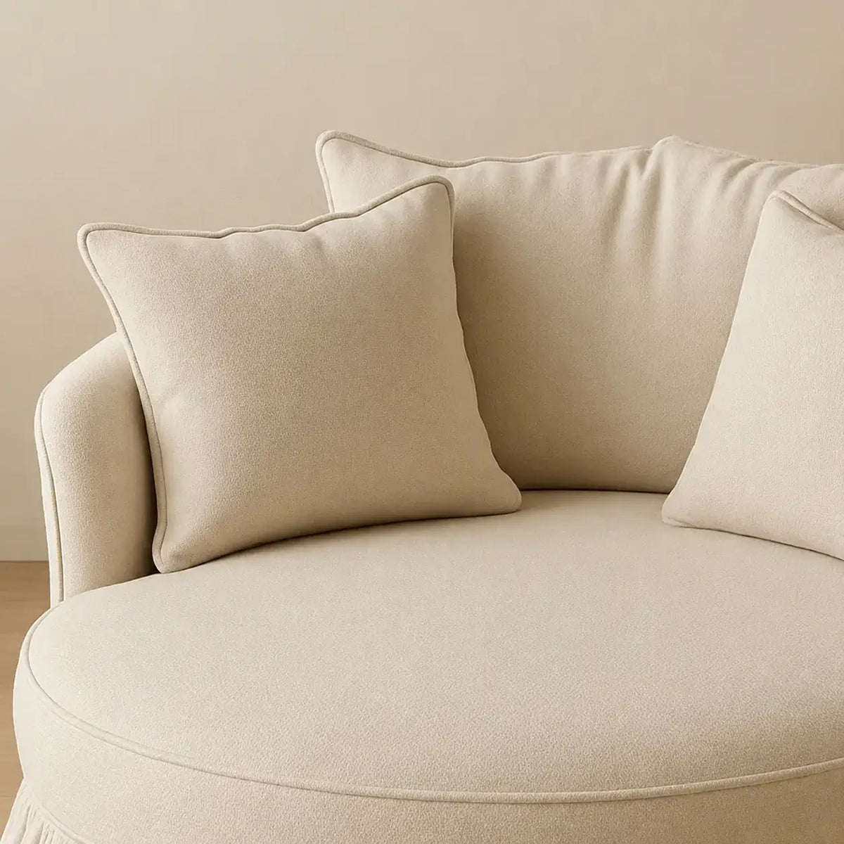 Birch Linen Oversized Circle Sofa with Layered Cushions and Ruffle Skirt