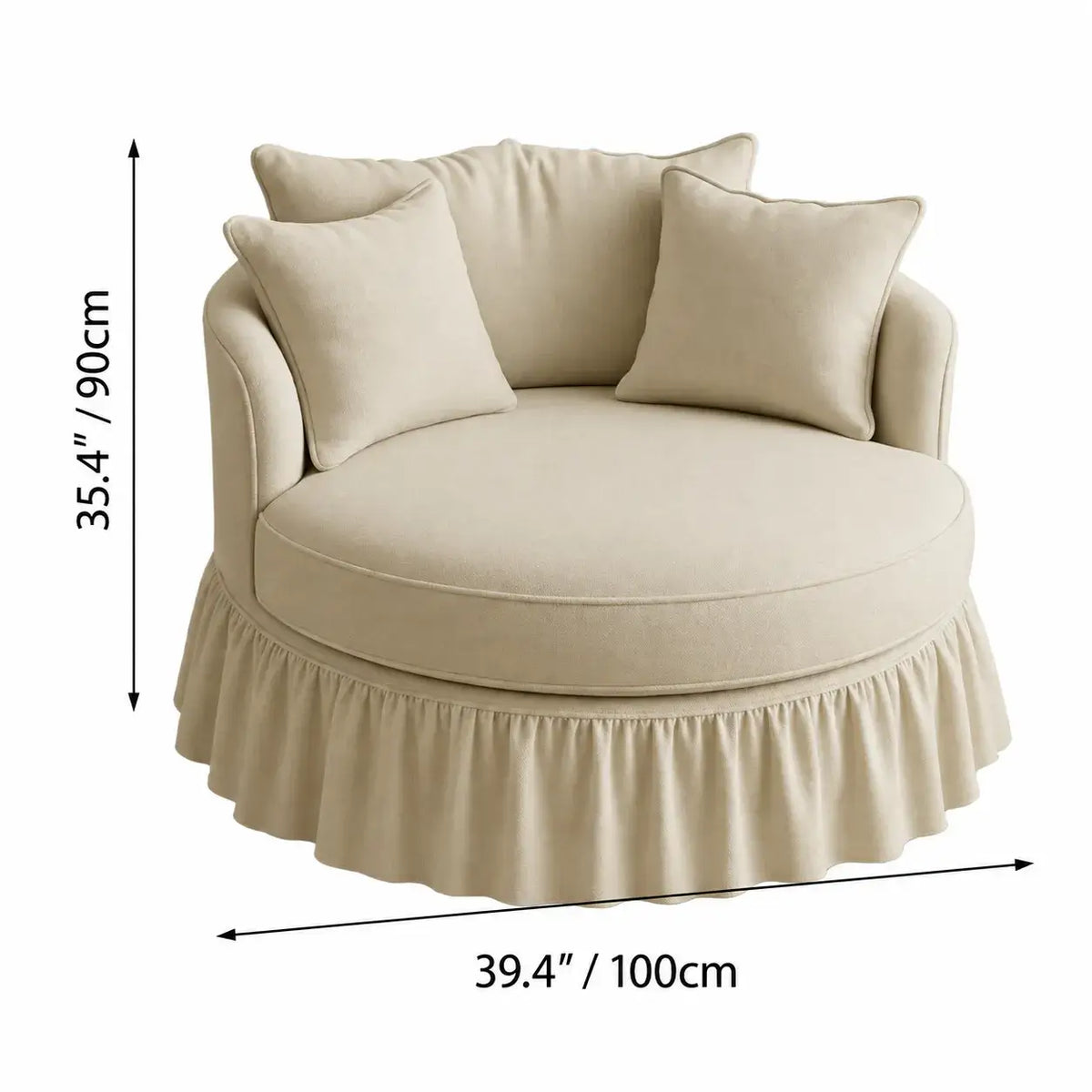 Birch Linen Oversized Circle Sofa with Layered Cushions and Ruffle Skirt Dimensions