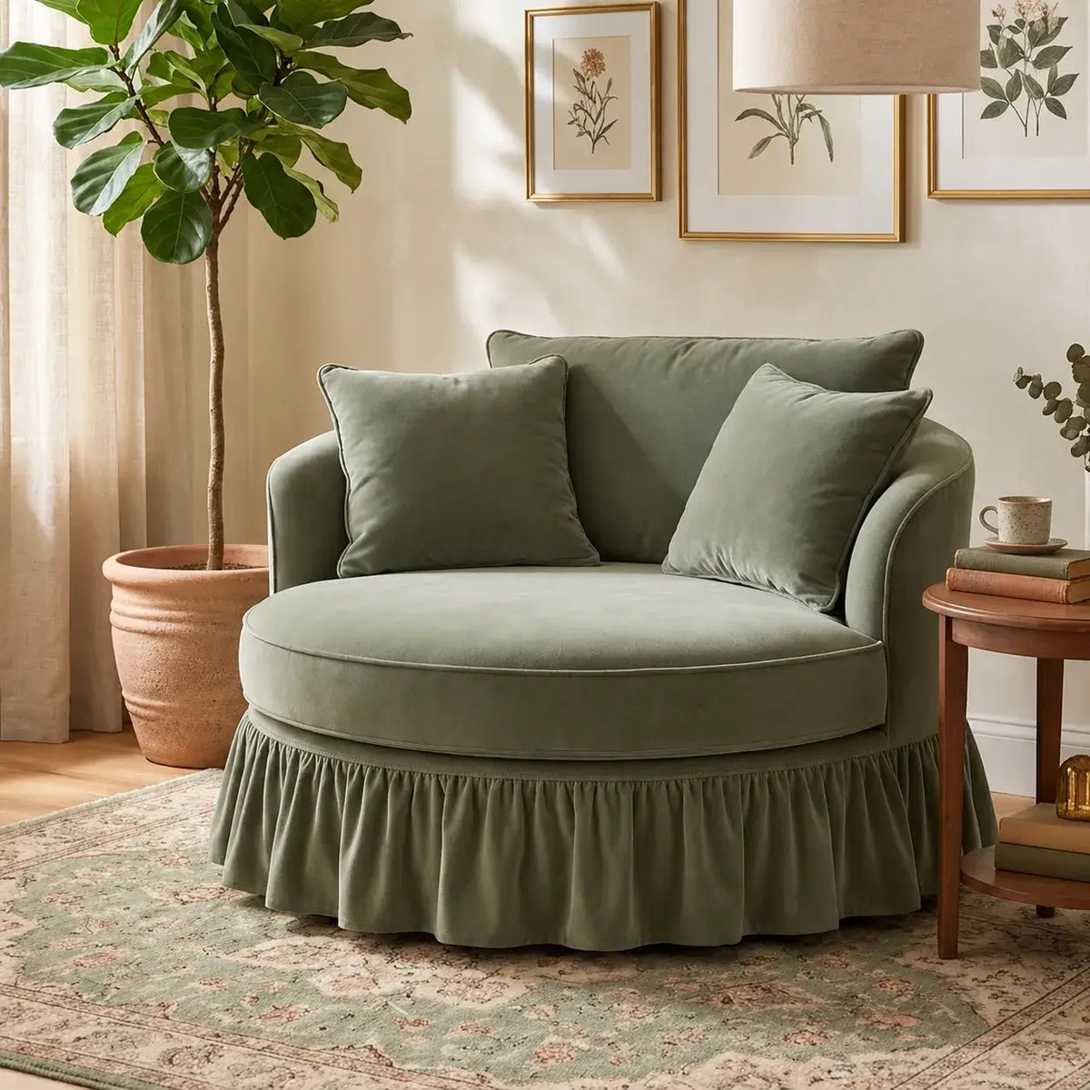 Birch Linen Oversized Circle Sofa with Layered Cushions and Ruffle Skirt Main Product Image
