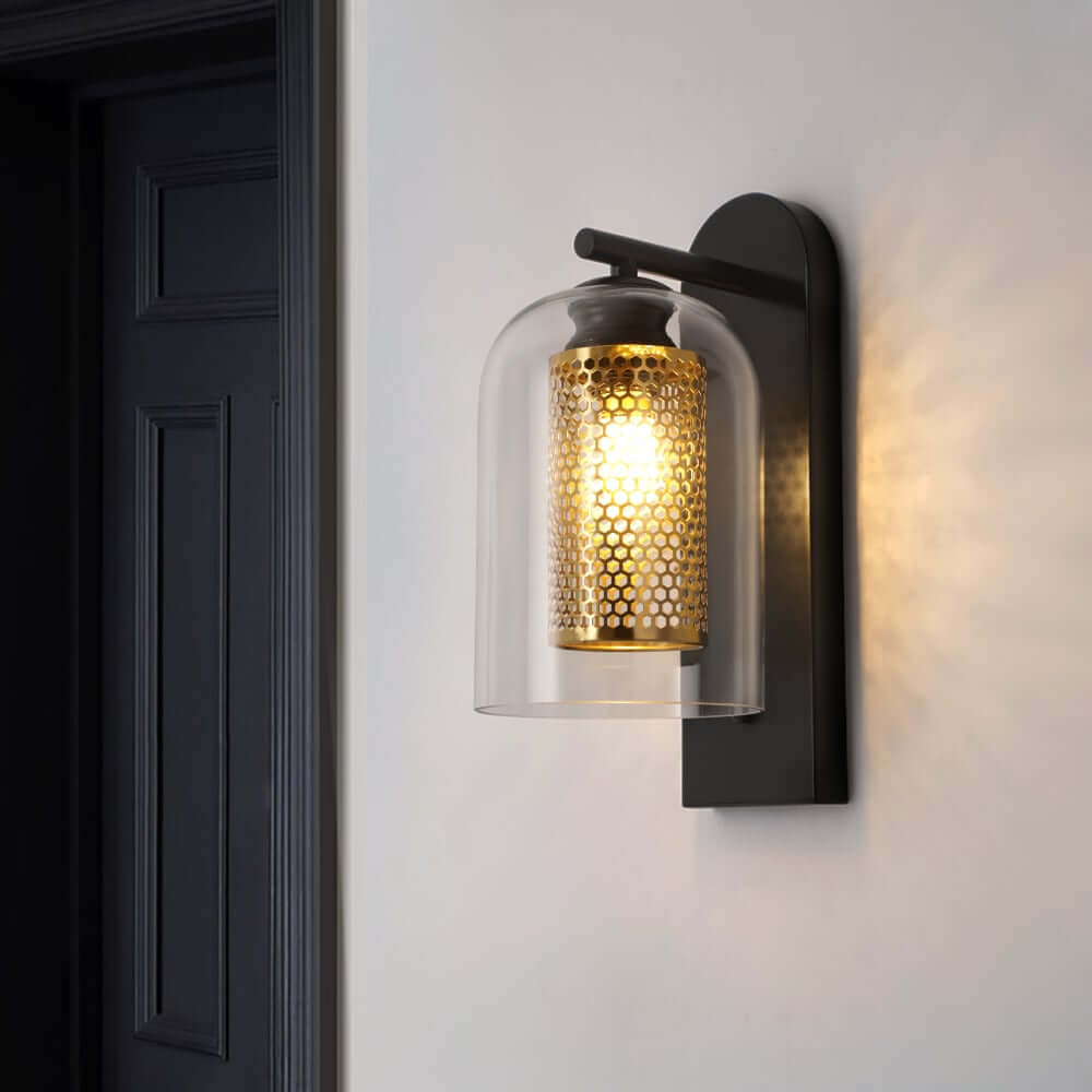 Black and Gold Modern Armed Wall Sconce with Clear Glass Cylinder Shade Main Product Image Main image