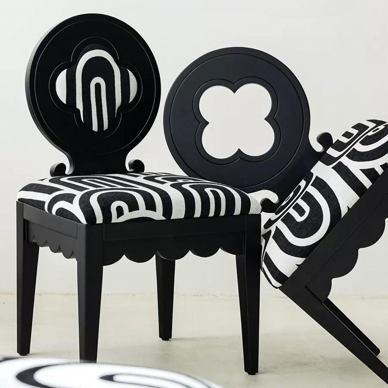 Elegant Black and White Velvet Dining Chair with Plum Blossom Design