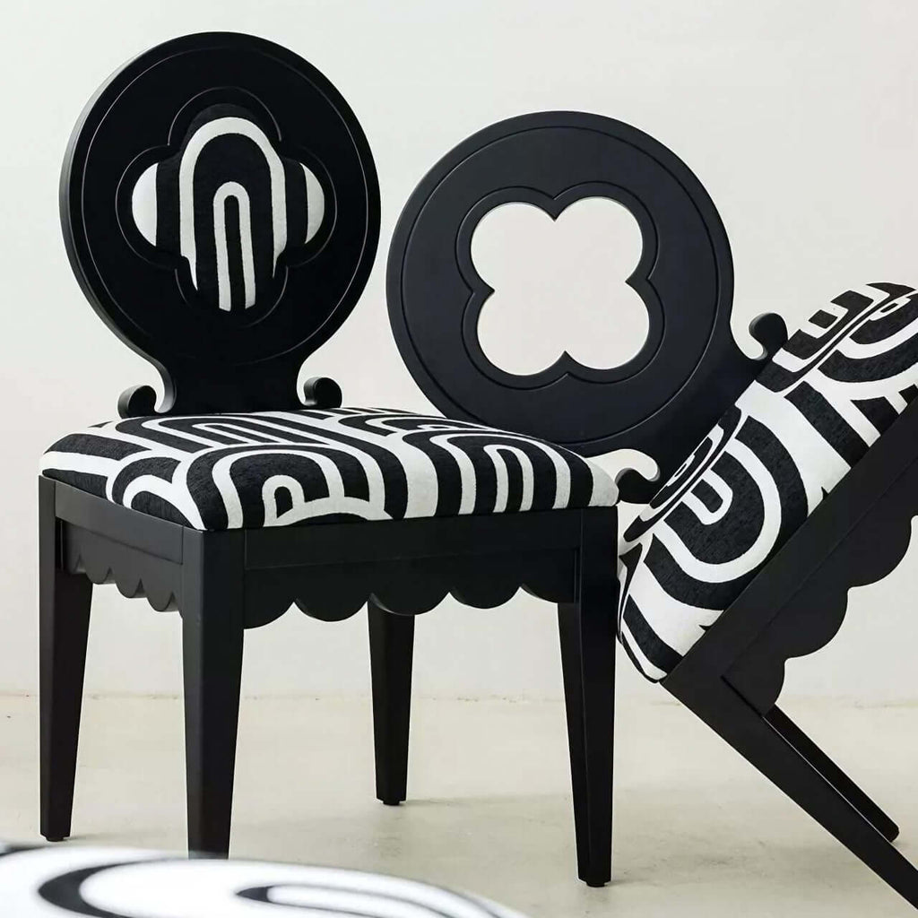 Single dining chair with black and white velvet plum blossom backrest and high-grade jacquard fabric main product image