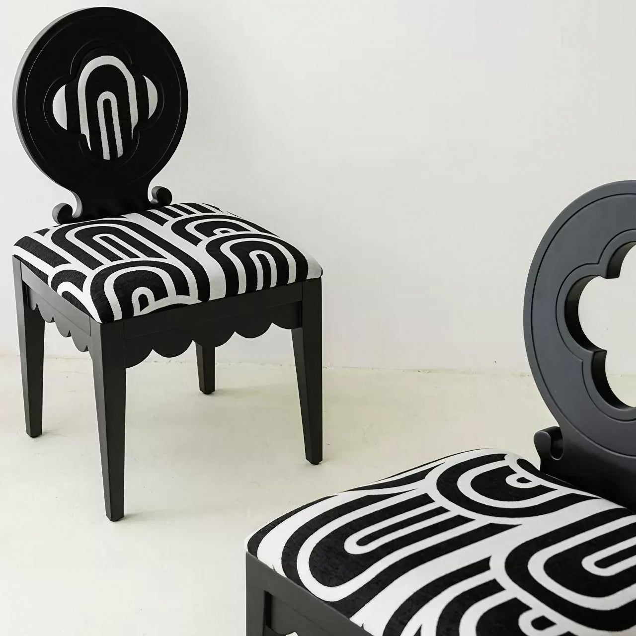 Elegant Black and White Velvet Dining Chair with Plum Blossom Design