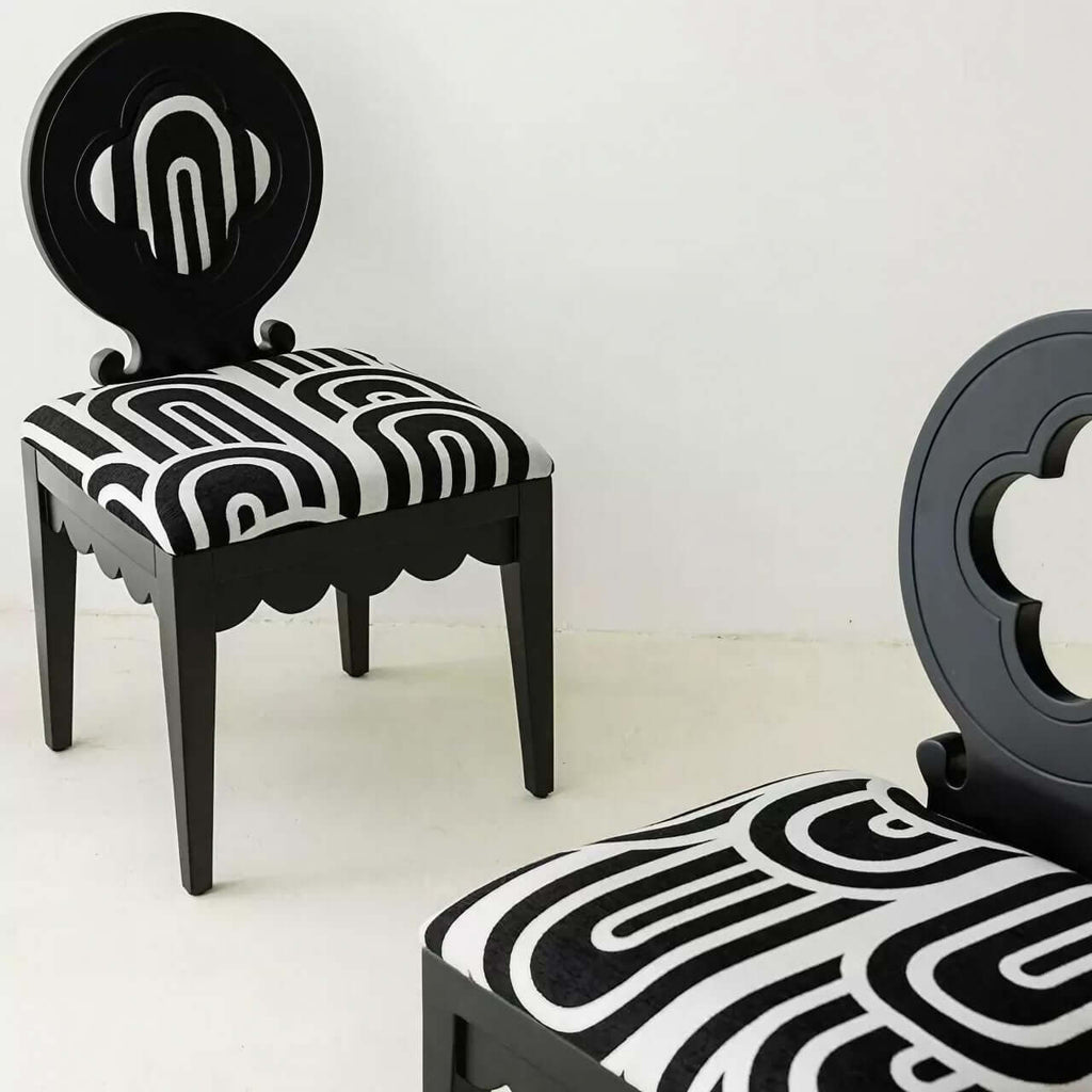 Single dining chair with black and white velvet plum blossom backrest and high-grade jacquard fabric